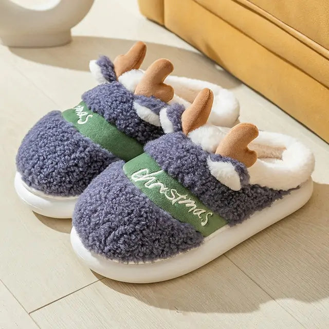 Pantuflas navideñas de ciervo con suela gruesa