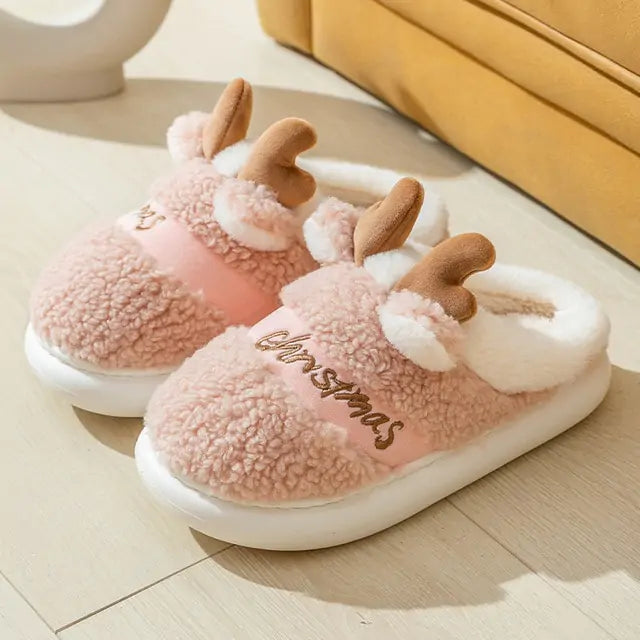 Pantuflas navideñas de ciervo con suela gruesa