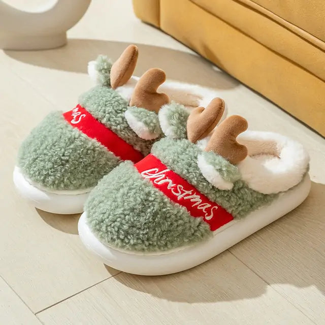 Pantuflas navideñas de ciervo con suela gruesa