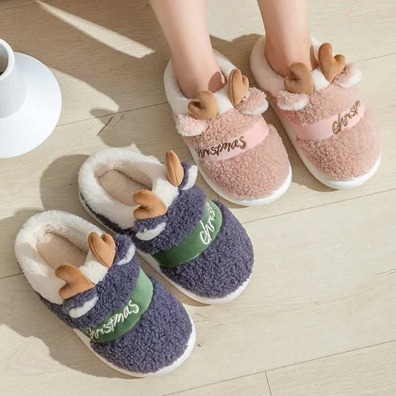 Pantuflas navideñas de ciervo con suela gruesa