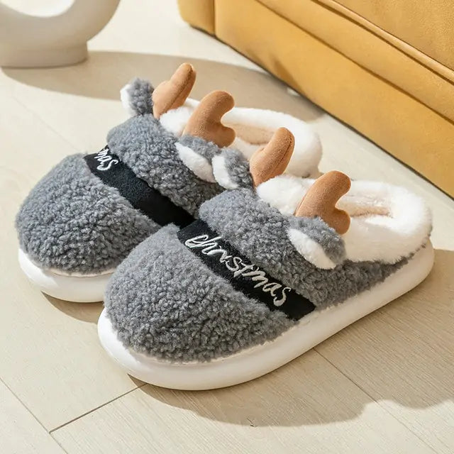 Pantuflas navideñas de ciervo con suela gruesa