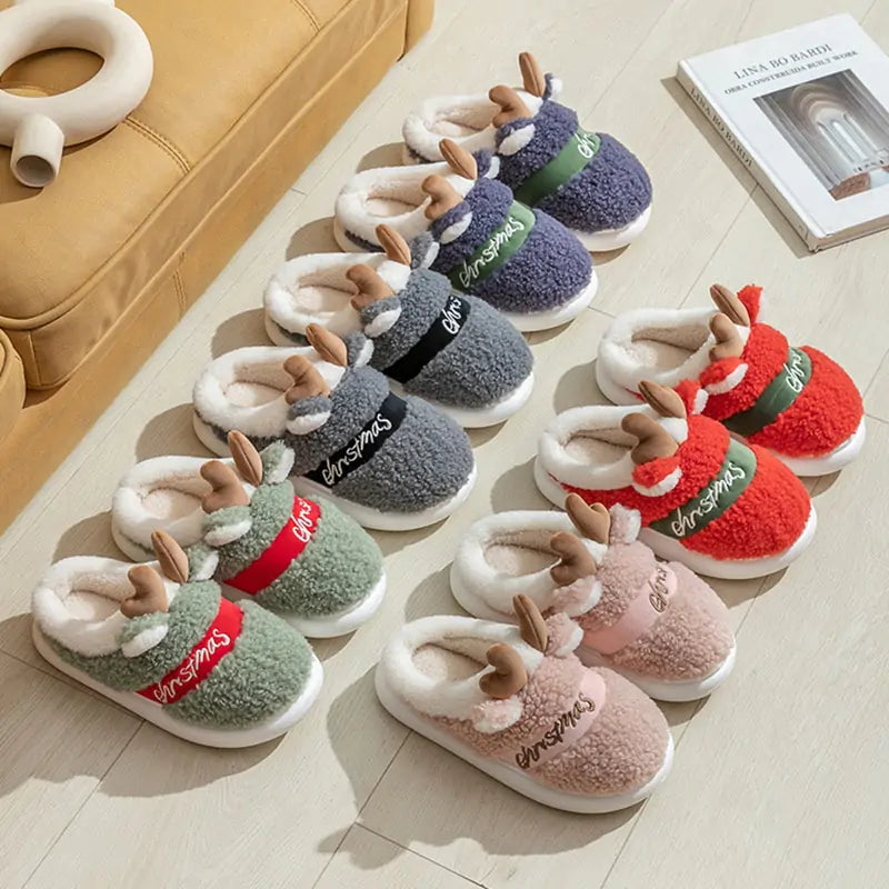 Pantuflas navideñas de ciervo con suela gruesa