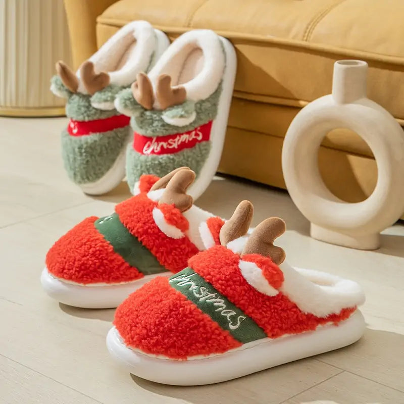 Pantuflas navideñas de ciervo con suela gruesa